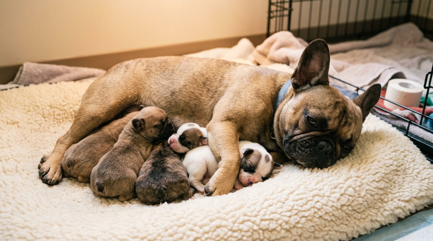 Mother French Bulldog with Newborn Puppies