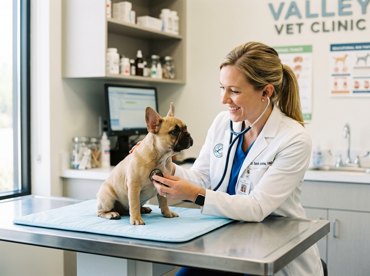 Veterinarian inspecting French Bulldog Puppy